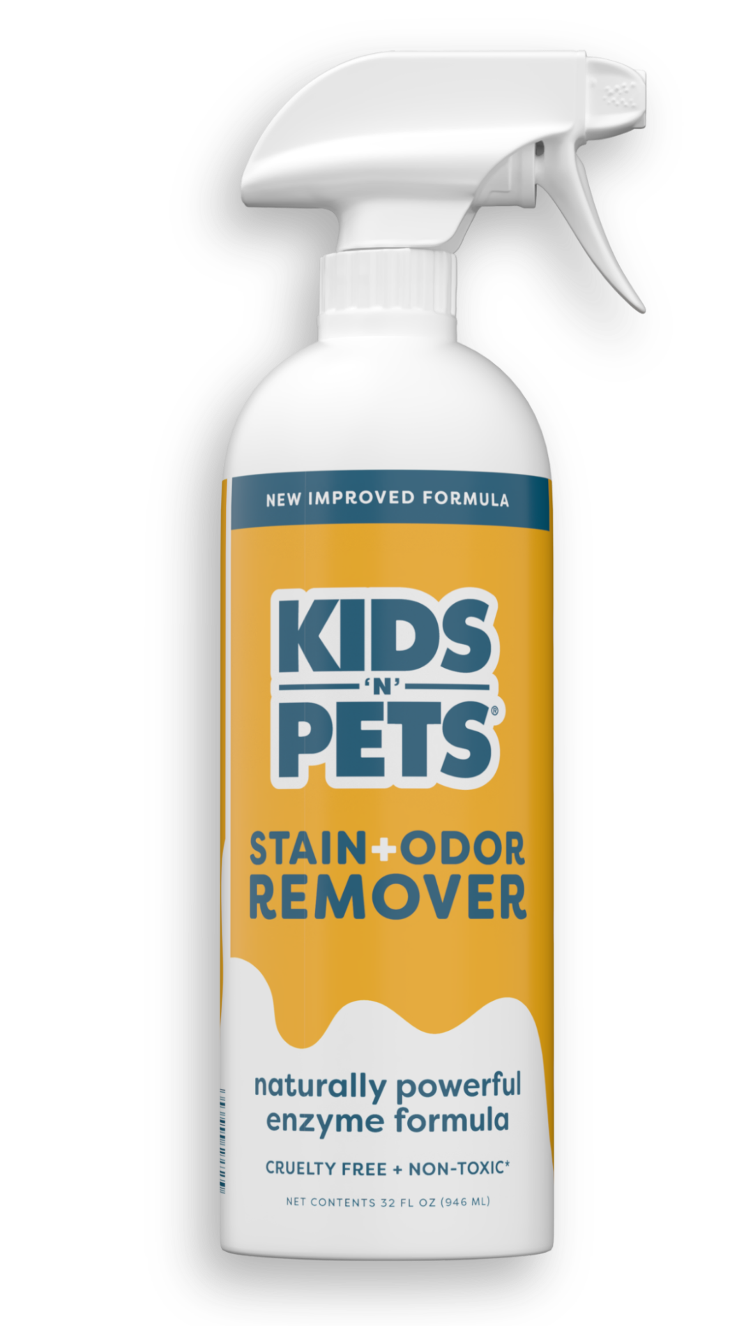 White spray bottle with yellow and teal label reading "Kids 'N' Pets Stain + Odor Remover," 32 fl oz.
