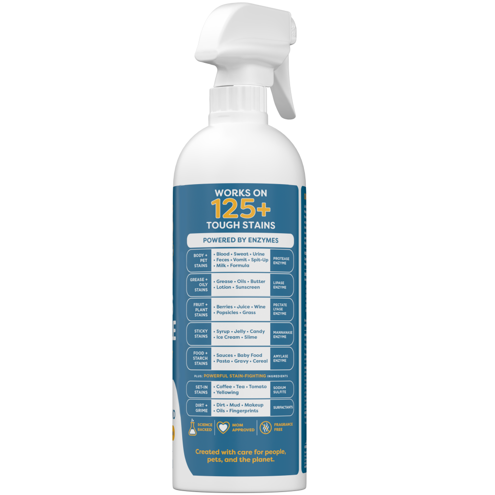 White spray bottle of Kids 'N' Pets stain and odor remover with blue label listing 125+ tough stains and enzyme-powered clean