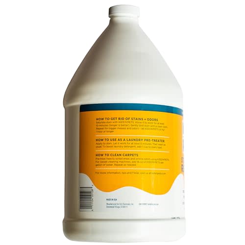 Large white plastic bottle with blue and yellow label containing stain and odor removal spray.