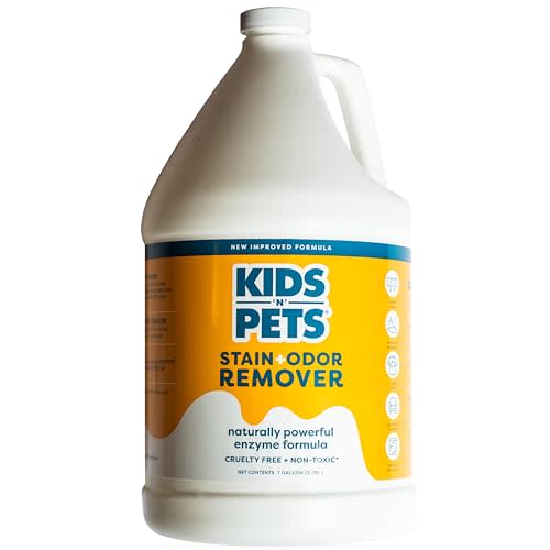 Large white plastic jug labeled "Kids N Pets Stain Odor Remover" with yellow and blue branding.