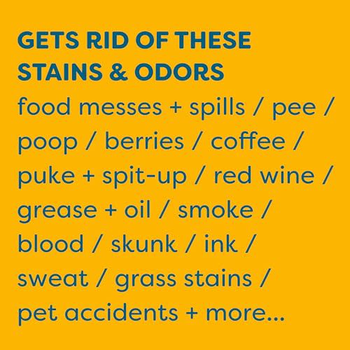Large bottle of KidsNPets stain and odor spray with yellow label listing various stain types it treats.