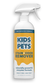 White spray bottle with yellow and teal label reading "Kids 'N' Pets Stain + Odor Remover," 32 fl oz.