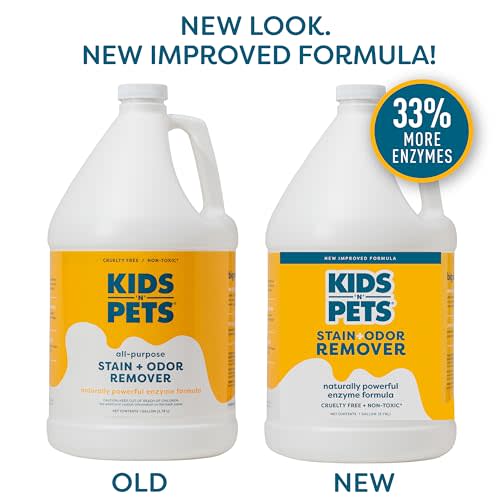 Two white plastic bottles of KidsNPets Stain and Odor Spray with yellow labels, showing old and new formula packaging.