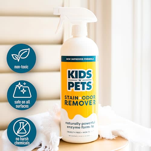 White spray bottle of KidsNPets Stain and Odor Remover with yellow label on carpeted stairs background.