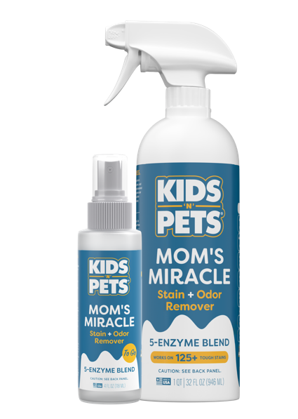 Two KidsNPets Mom's Miracle spray bottles with trigger sprayers in white and blue packaging, one small and one large size.