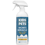 White spray bottle with blue label reading "Kids 'N' Pets Mom's Miracle Stain + Odor Remover, 5-Enzyme Blend, 32 fl oz."